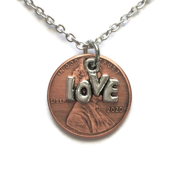Tampa Coin Creations Jewelry - 2010-2022 Handmade Lucky Penny LOVE Necklace Unisex Stainless Steel Chain Copper